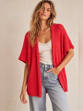 Own It Womens Large Coral Open Knit Cardigan Sweater Wrap Italy Dolman Oversized